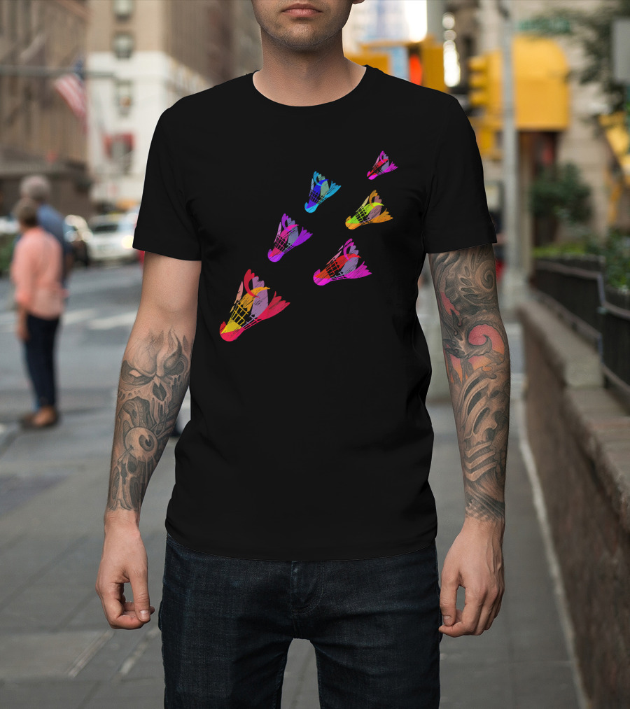 Colorful Sports Shuttlecock Illustration With Badminton Motif T-Shirt