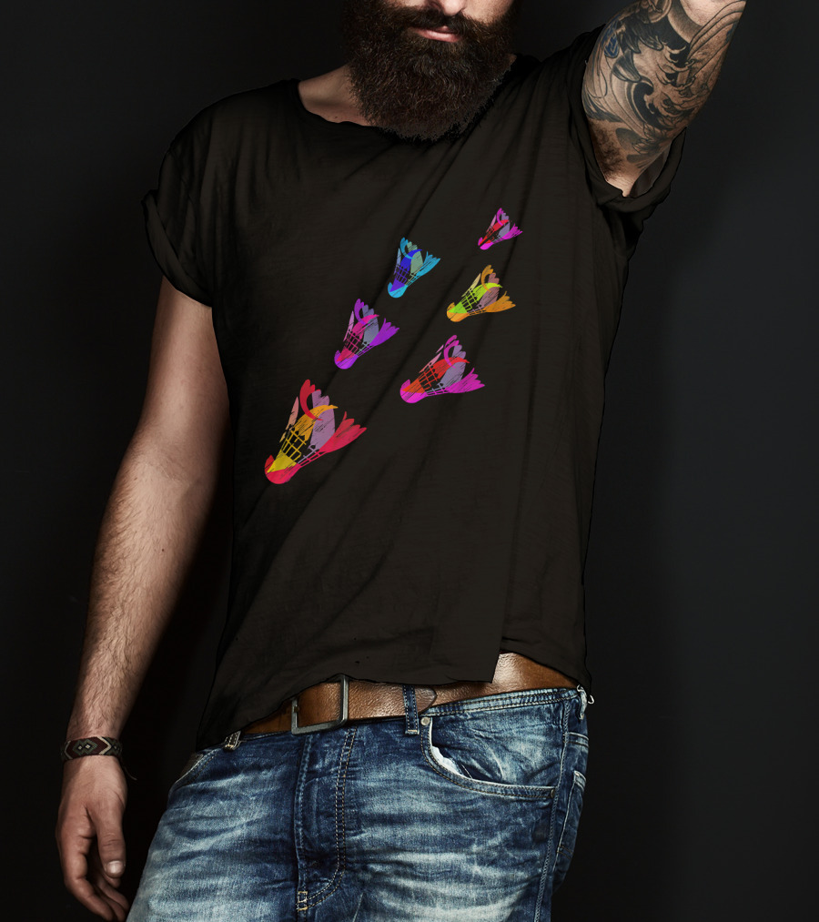 Colorful Sports Shuttlecock Illustration With Badminton Motif T-Shirt