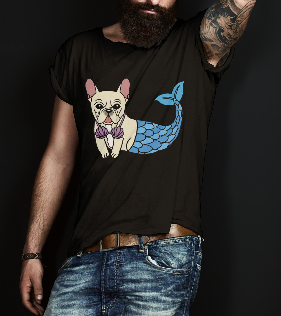 Cream French Bulldog Mermaid With Shell Bra Funny Do T-Shirt
