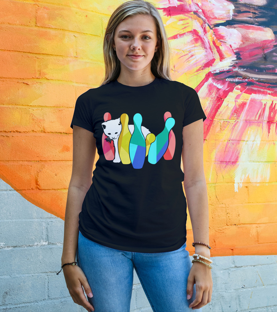 Playful Cute Cat Knocking Over Colorful Bowling Pins Kitty T-Shirt