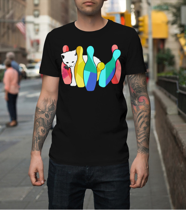 Shirt: Playful Cute Cat Knocking Over Colorful Bowling Pins Kitty T-Shirt Playful Cute Cat Knocking Over Colorful Bowling Pins Kitty T-Shirt