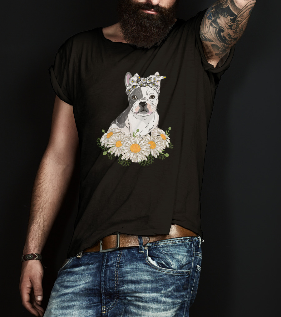 French Bulldog With Daisy Headband And Flower Garden T-Shirt