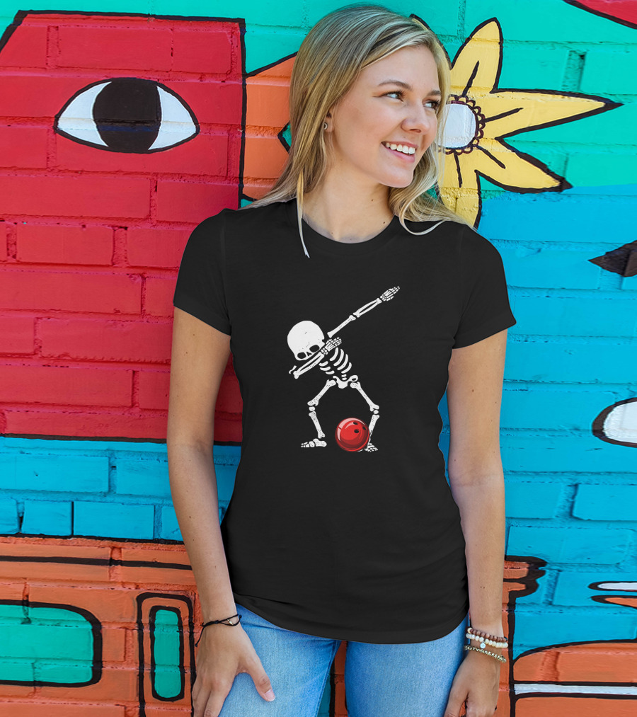 Dabbing Bowling Skeleton With Red Ball T-Shirt