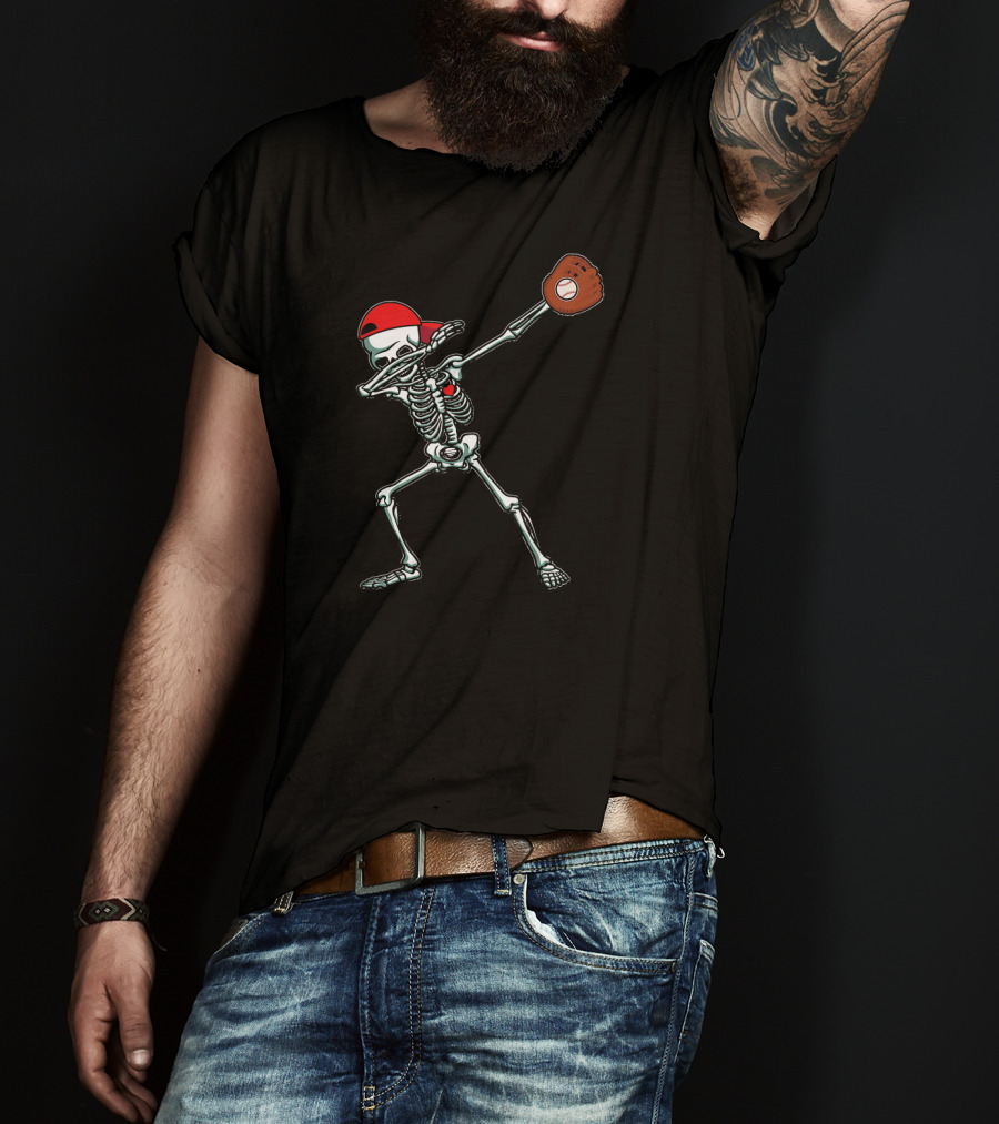 Skeleton Dabbing In Red Cap With Baseball Glove T-Shirt