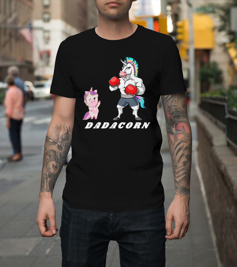 Dadacorn Boxing Unicorn Dad Baby With Muscle And Rainbow Mane T-Shirt
