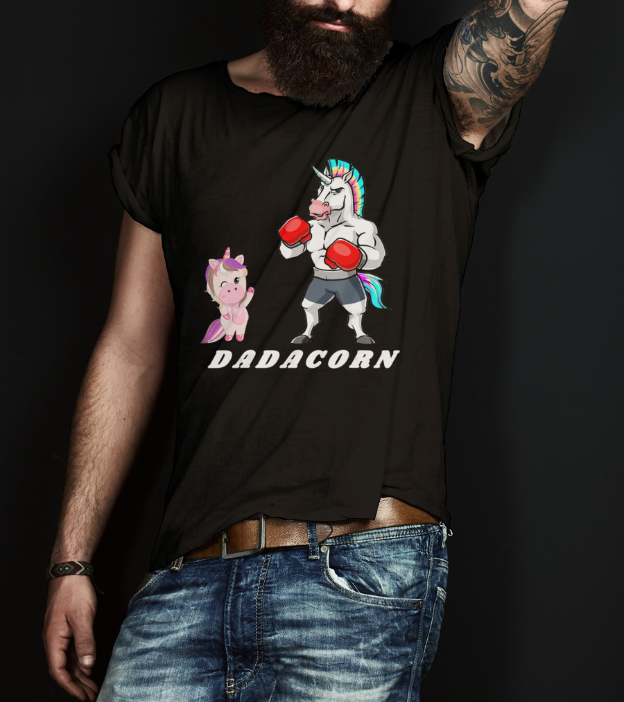Dadacorn Boxing Unicorn Dad Baby With Muscle And Rainbow Mane T-Shirt