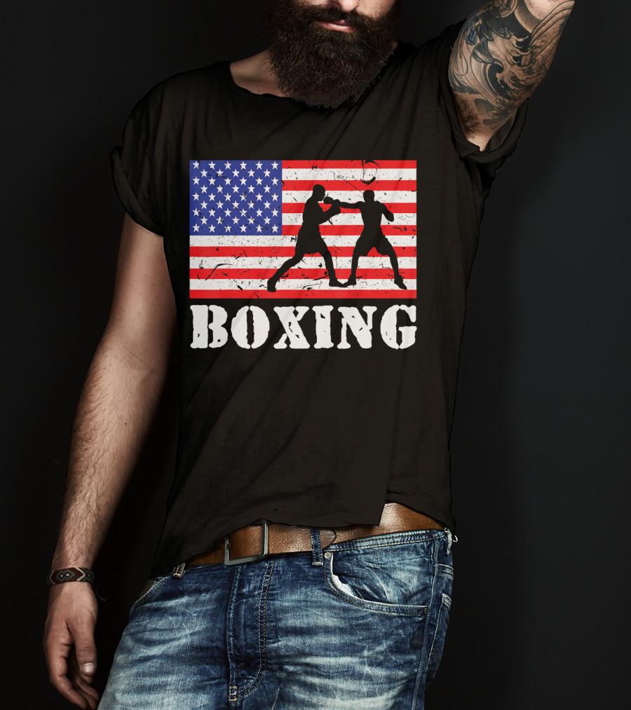 Distressed Boxing USA American Flag With Fighters T-Shirt