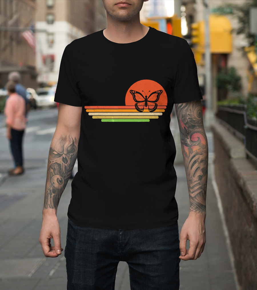 Distressed Butterfly Retro Sunset Stripes T-Shirt