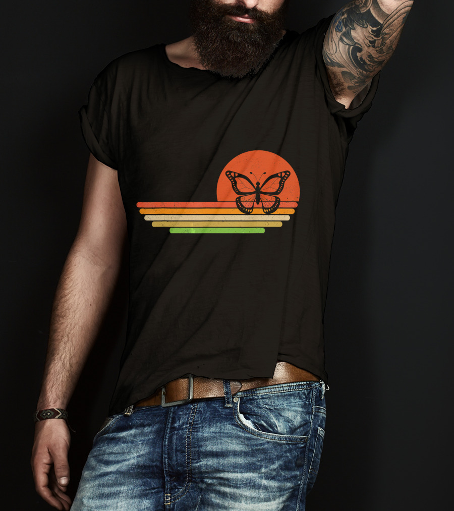 Distressed Butterfly Retro Sunset Stripes T-Shirt