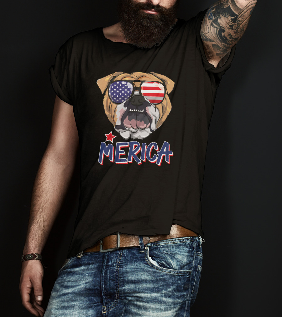 English Bulldog Merica American Flag Sunglasses T-Shirt