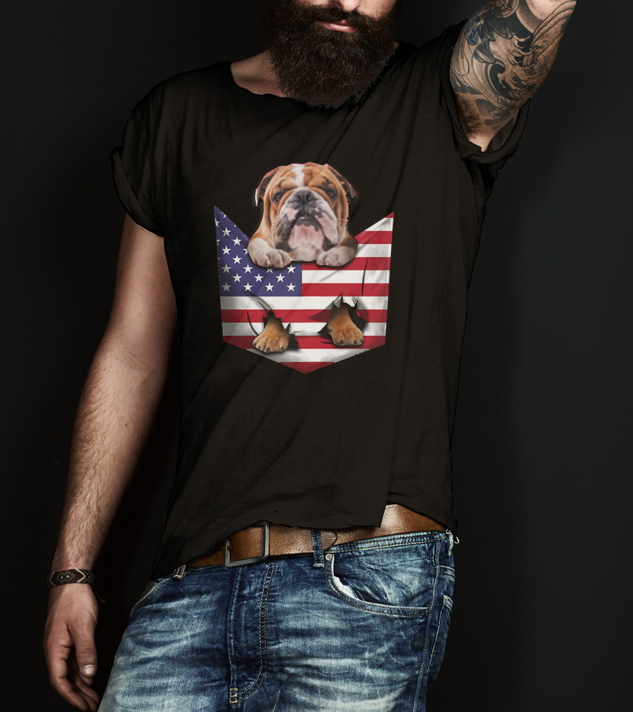 English Bulldog In American Flag Pocket T-Shirt