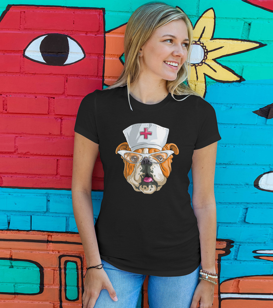 English Bulldog Nurse Hat Glasses Dog T-Shirt