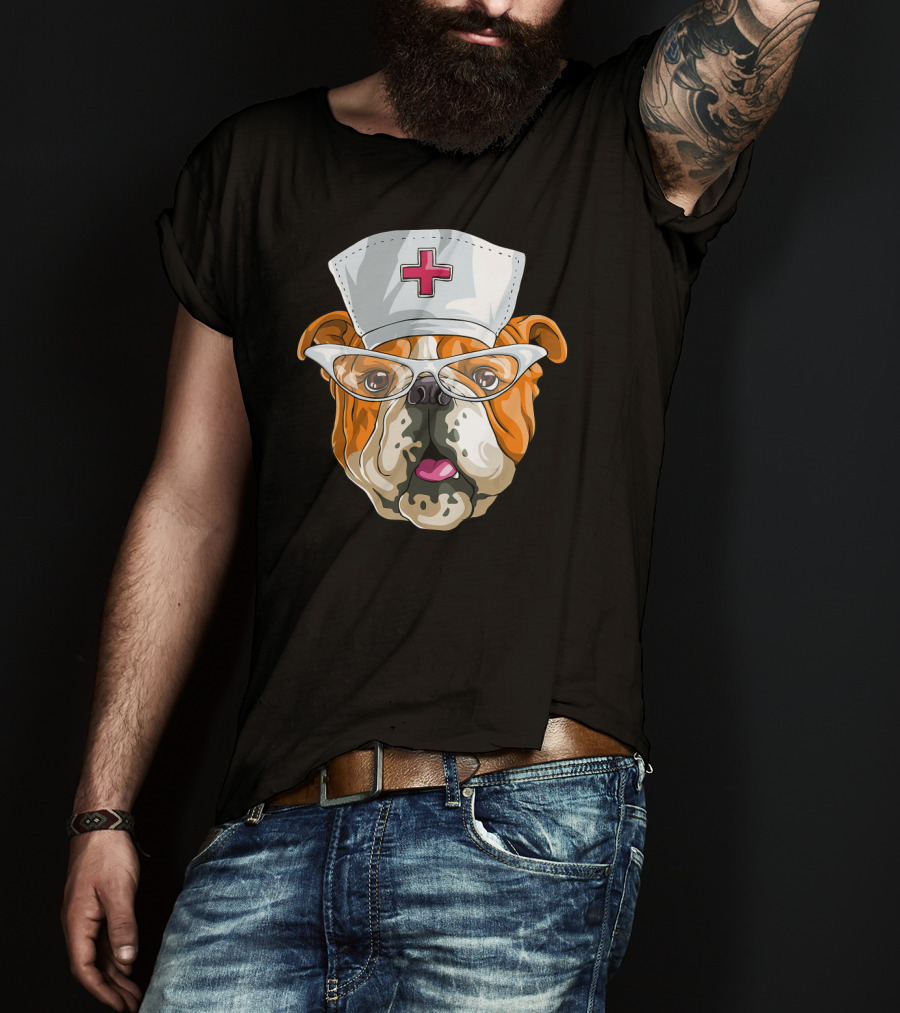 English Bulldog Nurse Hat Glasses Dog T-Shirt