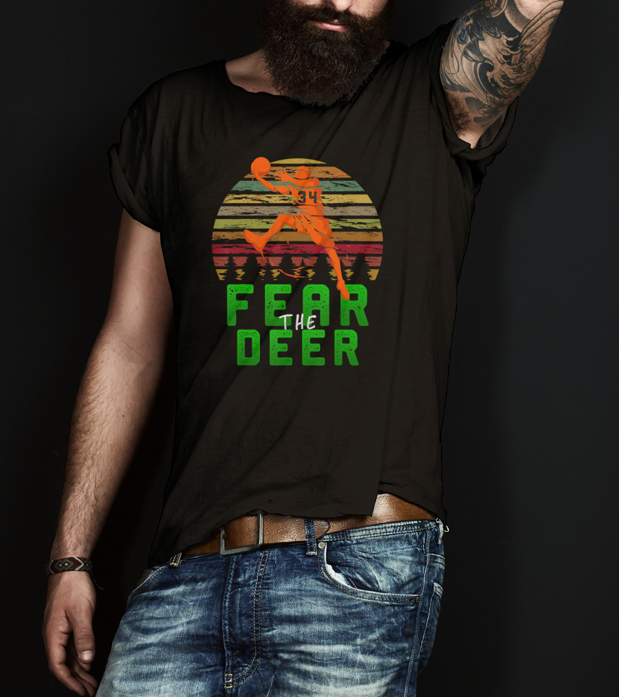 Fear The Deer 34 Milwaukee Basketball Retro Sunset Forest Jumper T-Shirt