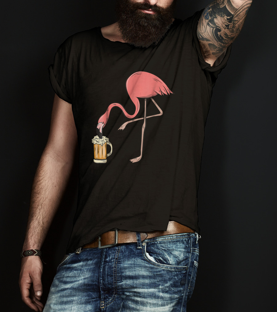 Funny Pink Flamingo Drinking Beer Illustrative Humor T-Shirt