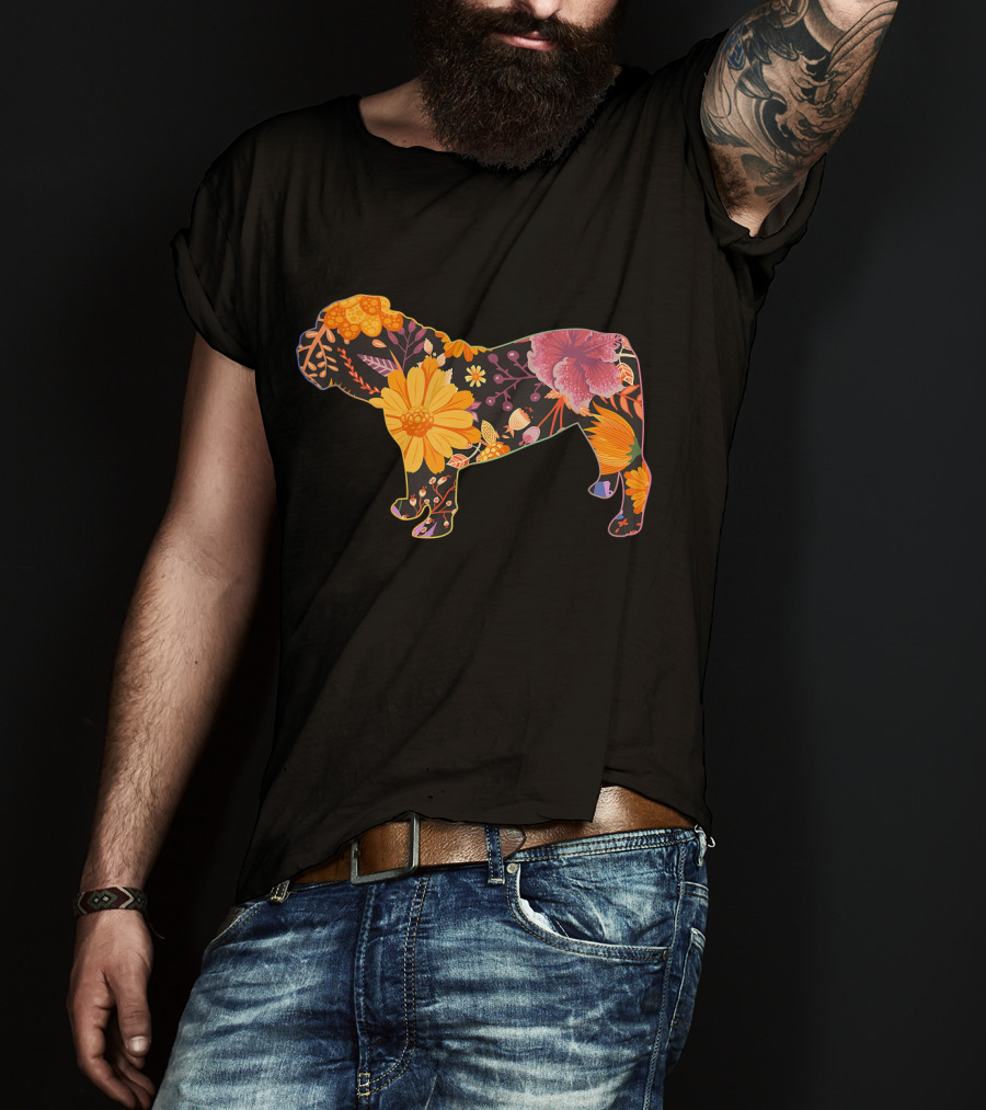 Floral Flower Vintage Bulldog Silhouette With Colorful Botanical T-Shirt
