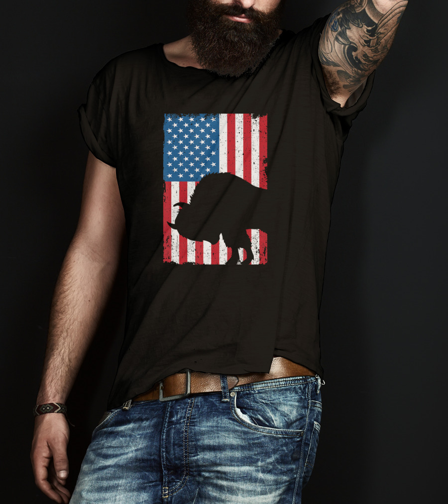 Fourth Of July Bison Patriot American Flag Silhouette Independence Day T-Shirt