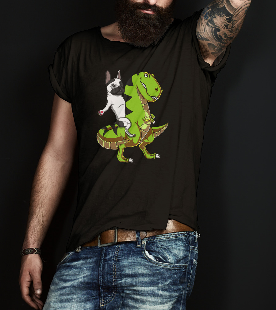 French Bulldog Riding T-Rex Dinosaur Adventure T-Shirt