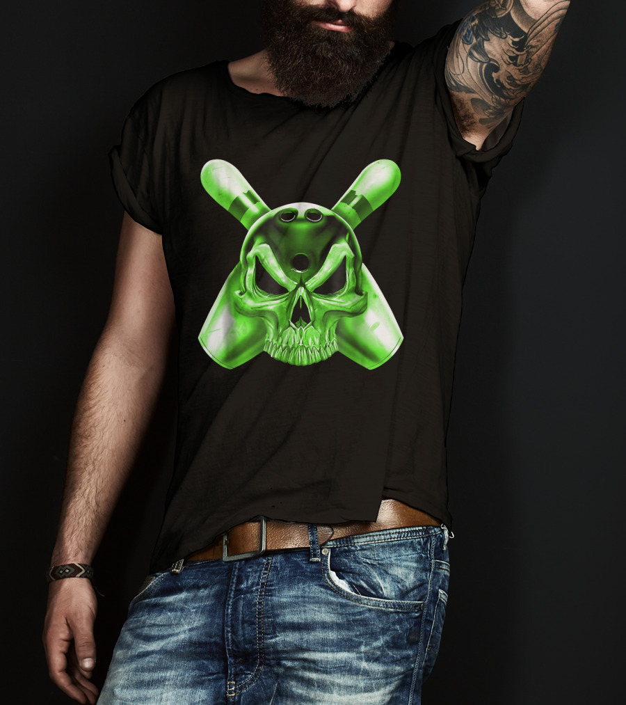 Bowling Skull Crossed Pins Green T-Shirt