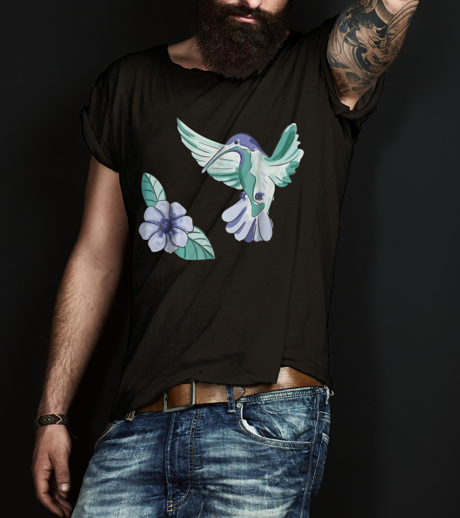 Green And Blue Hummingbird With White And Blue Flower T-Shirt