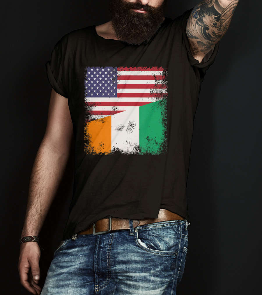 Half Ivorian Flag Vintage Cote D'I With Distressed USA Flag T-Shirt