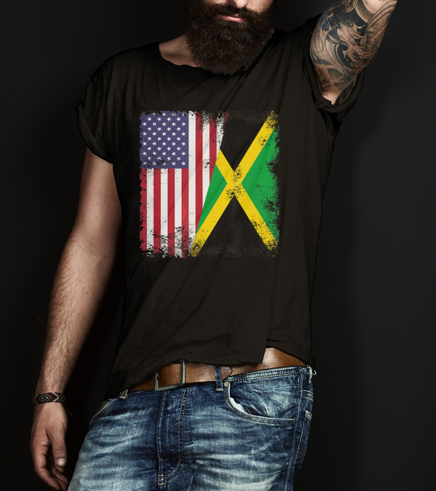 Half Jamaican Flag Vintage Jamaica U.S.A. Flag Overlay T-Shirt