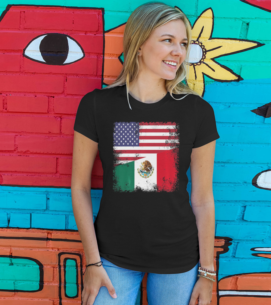 Half Mexican Flag Vintage Mexico U.S. American Flag Dual Heritage T-Shirt