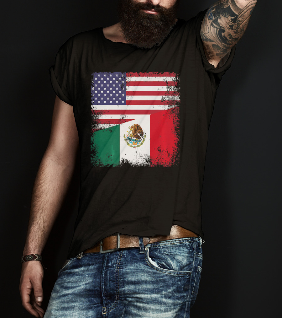 Half Mexican Flag Vintage Mexico U.S. American Flag Dual Heritage T-Shirt