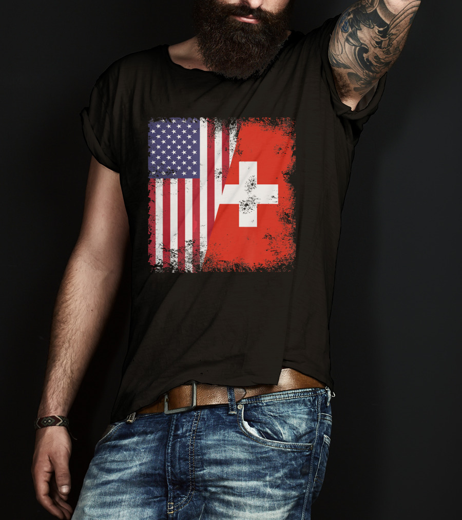 Half Swiss Flag Vintage American Swiss Flag T-Shirt