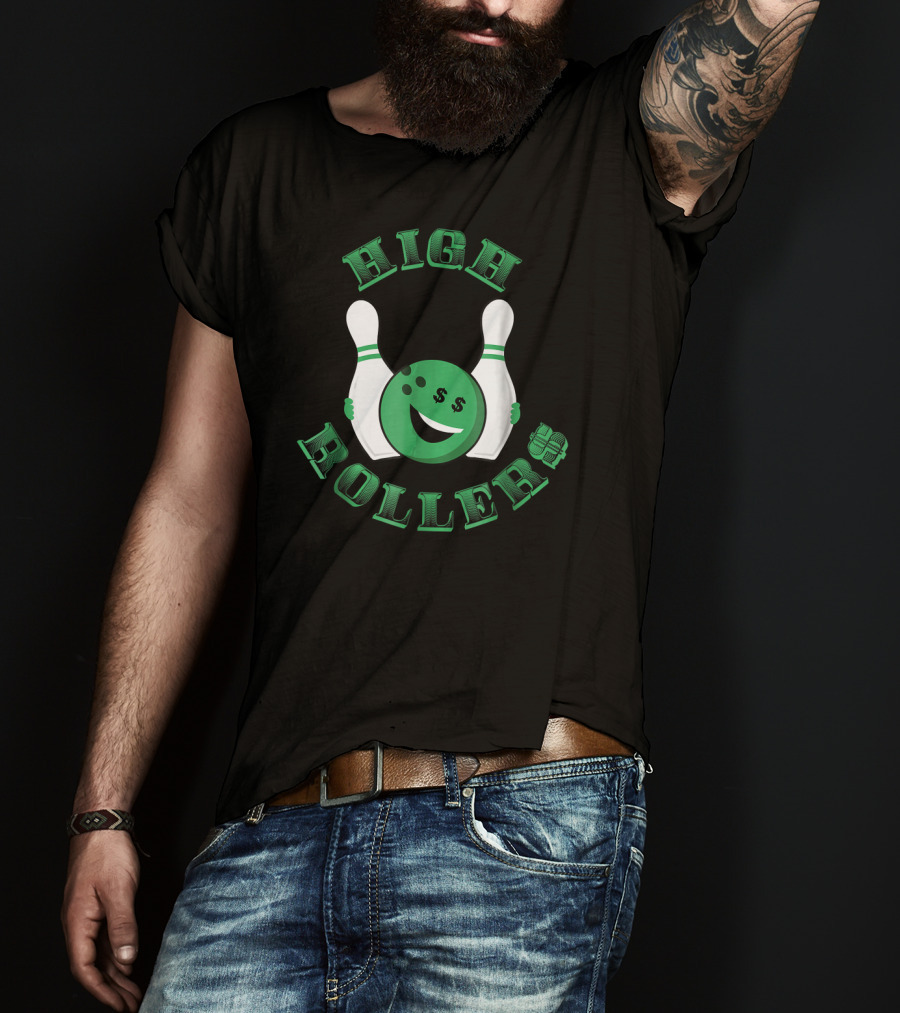 High Rollers Bowling Smiley Face With Dollar Signs And Pins T-Shirt
