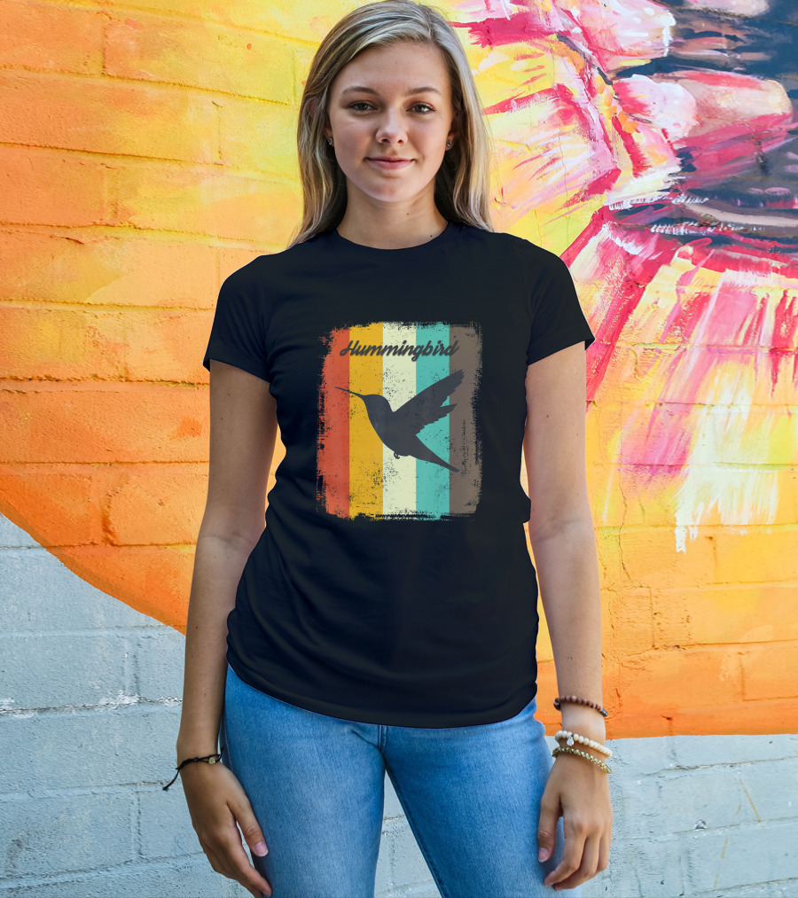70s Vintage Hummingbird Silhouette Retro Stripes T-Shirt