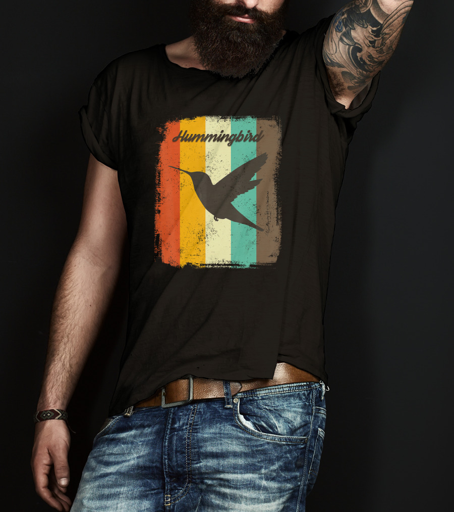 70s Vintage Hummingbird Silhouette Retro Stripes T-Shirt