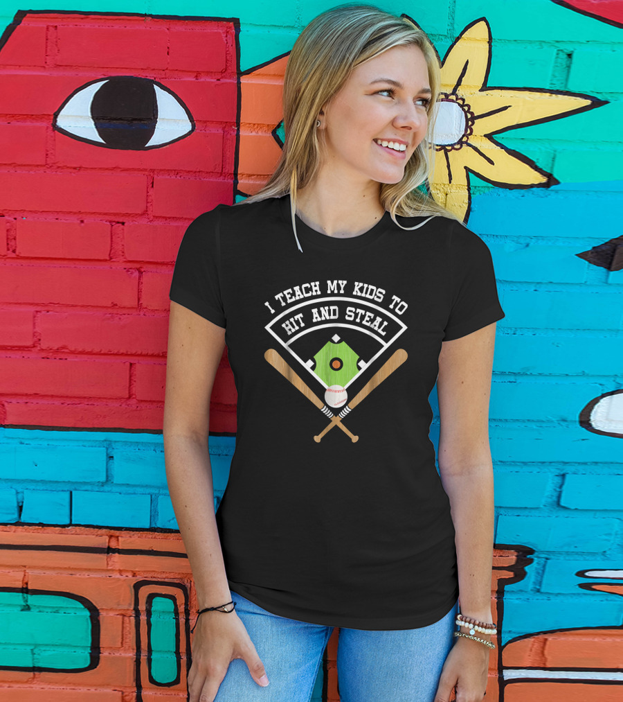 I Teach My Kids To Hit And Steal Baseball Diamond With Crossed Bats And Ball T-Shirt