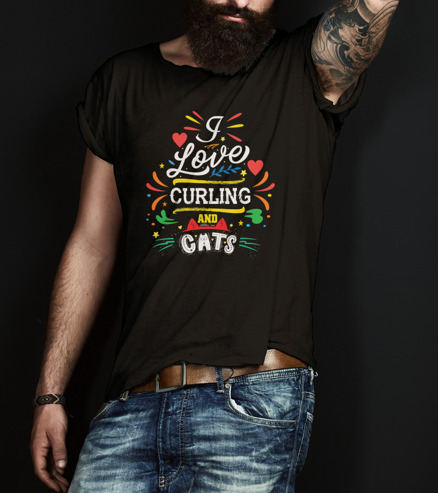 I Love Curling And Cats Colorful Heart Accents T-Shirt