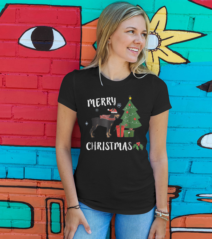 Merry Christmas Doberman With Santa Hat And Christmas Tree T-Shirt