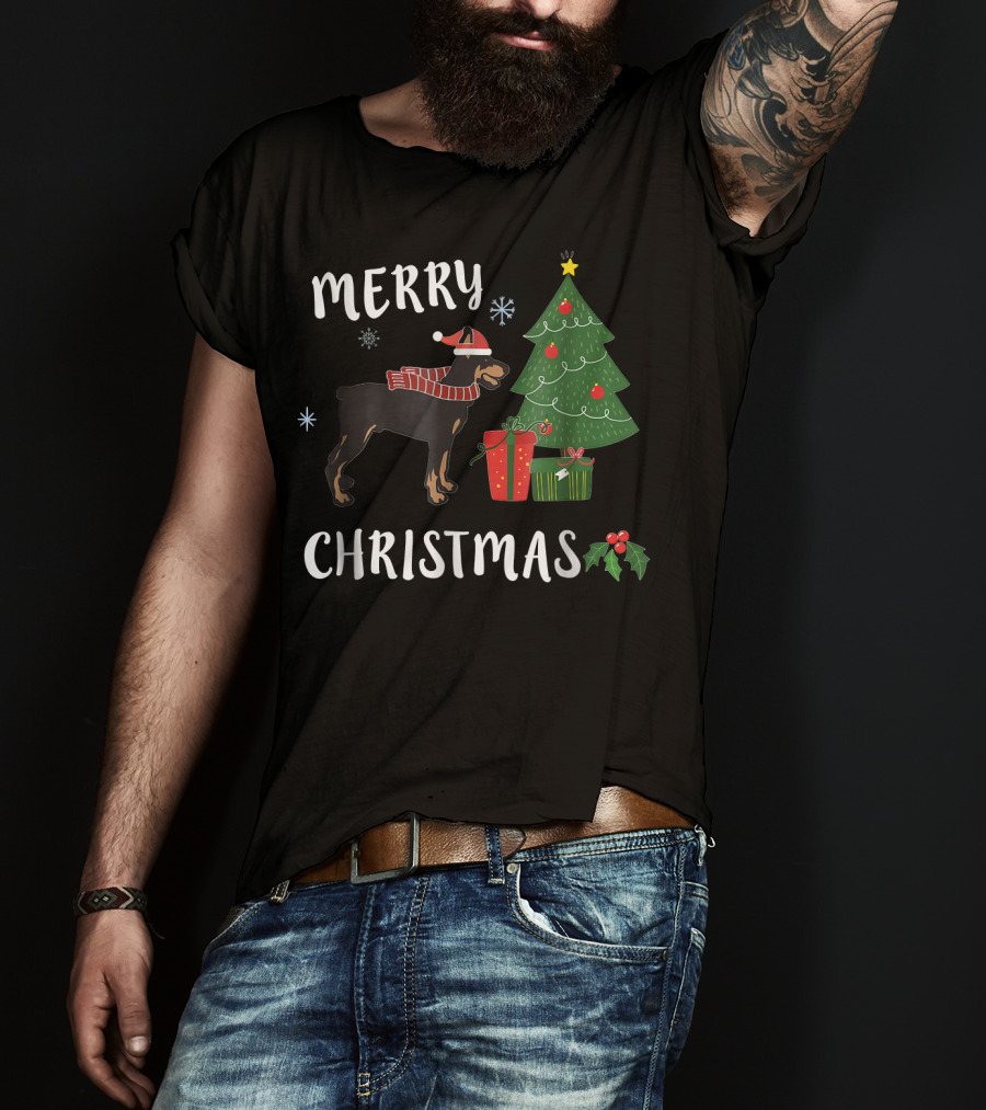 Merry Christmas Doberman With Santa Hat And Christmas Tree T-Shirt