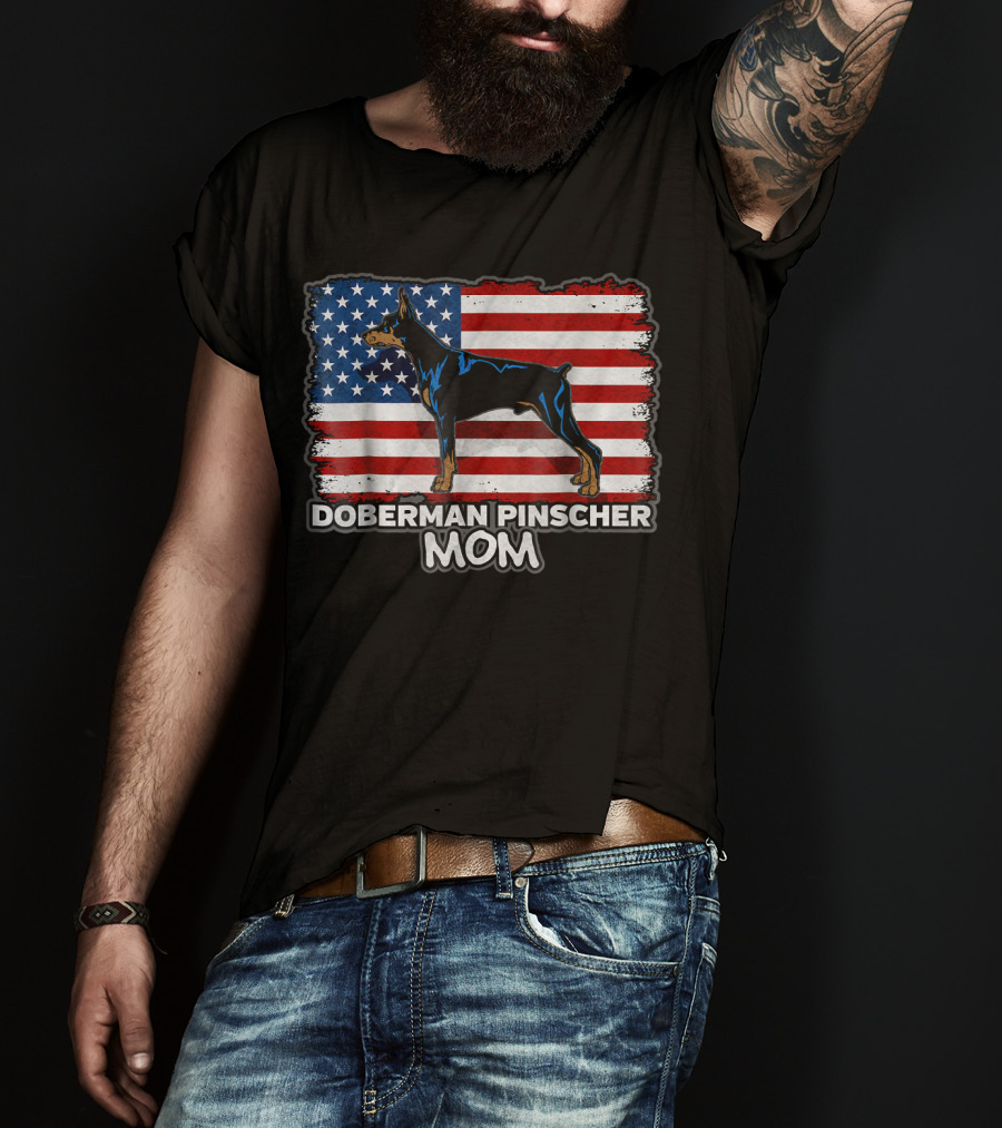 Doberman Pinscher Mom American Flag Background T-Shirt