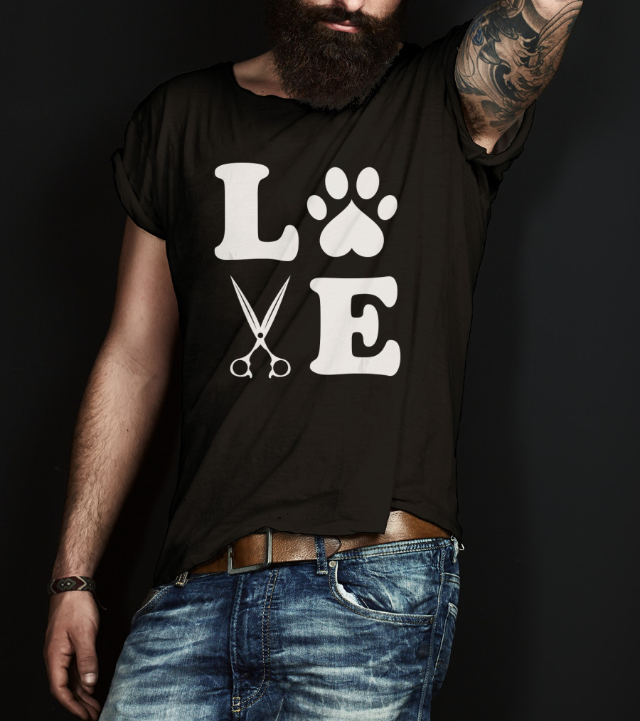 LOVE Dog Grooming With Scissors And Paw Prints T-Shirt