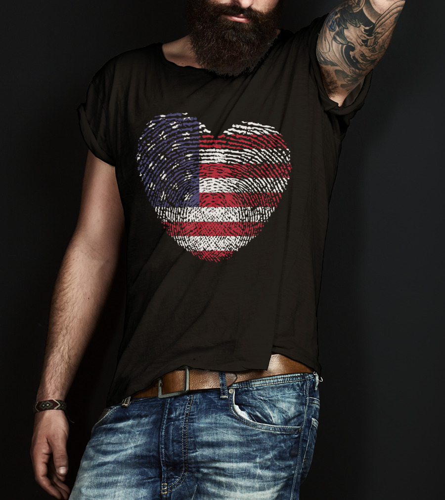 American Flag Heart Shape Fingerprint T-Shirt