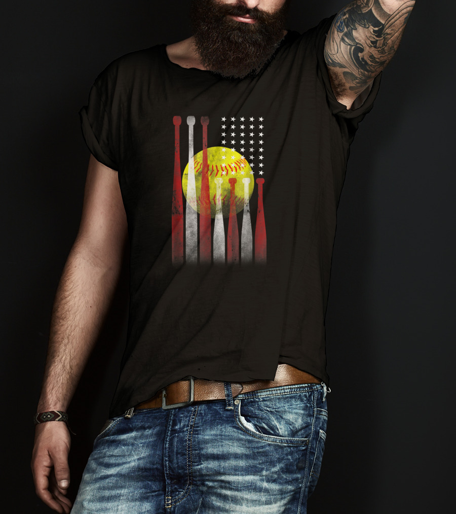 Vintage Softball American Flag With Bats And Stars T-Shirt