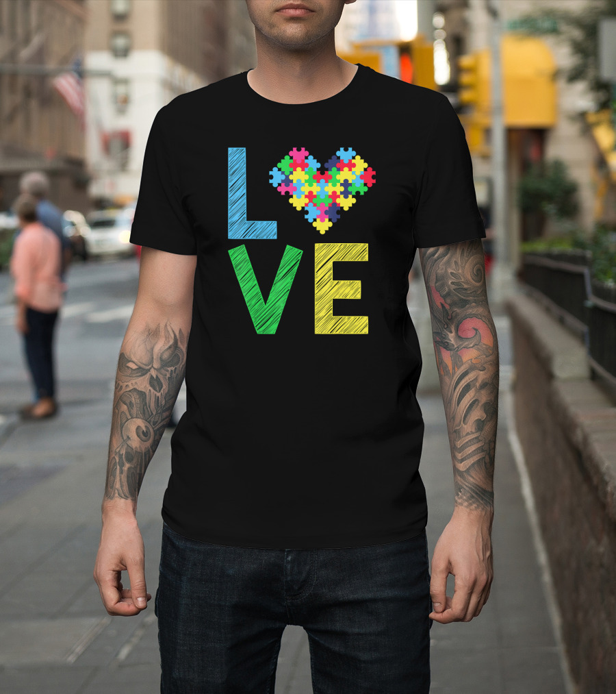 Autism Awareness Love Puzzle Heart Colorful Letters T-Shirt
