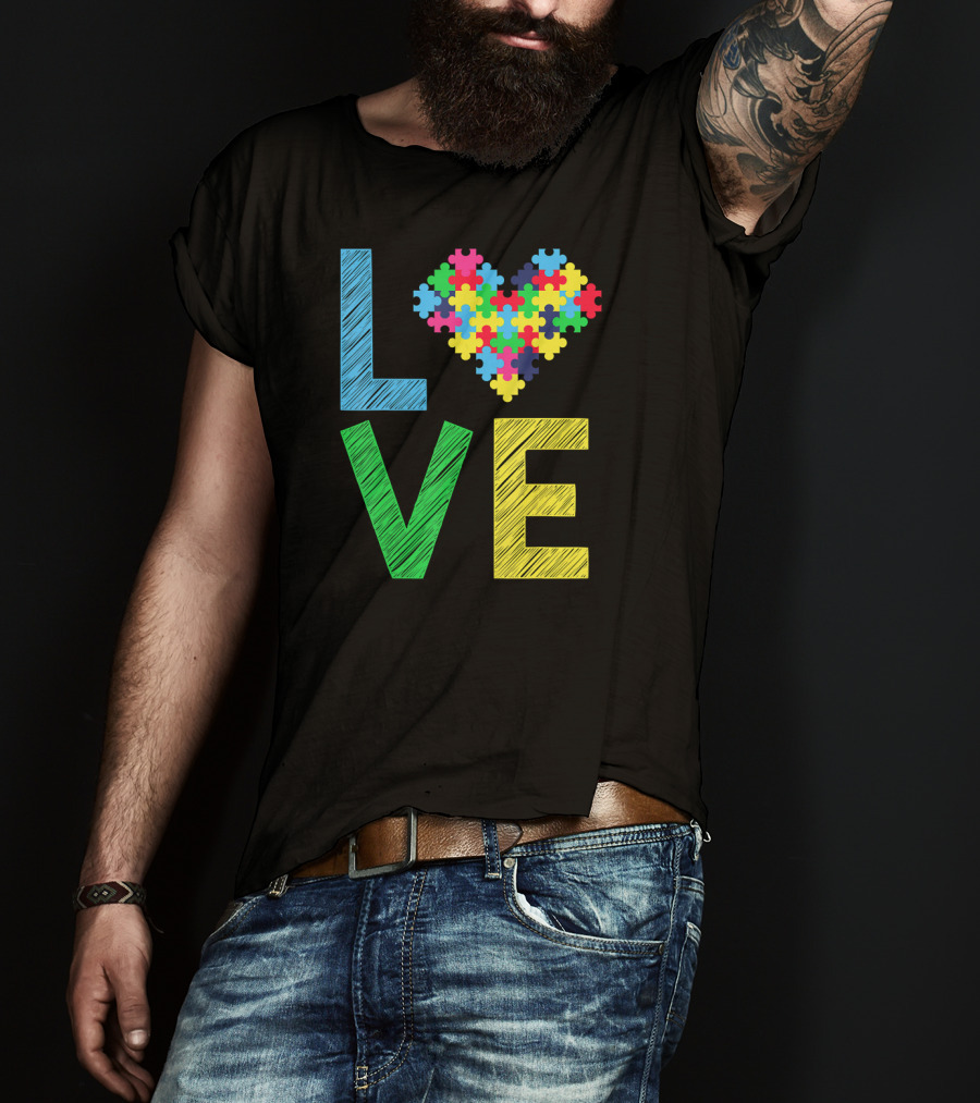 Autism Awareness Love Puzzle Heart Colorful Letters T-Shirt