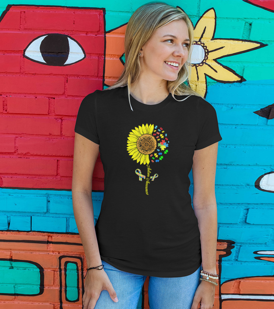 Autism Awareness Puzzle Ribbon Sunflower T-Shirt