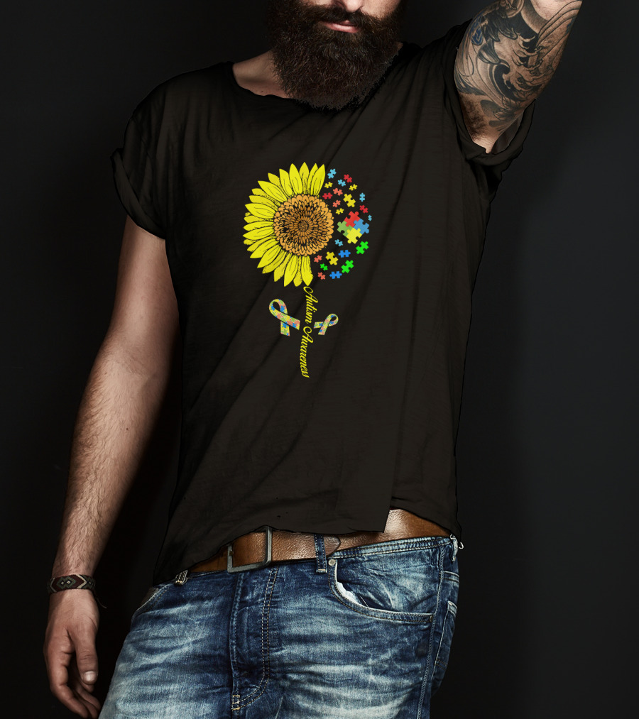 Autism Awareness Puzzle Ribbon Sunflower T-Shirt