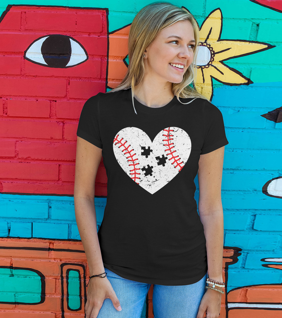 Baseball Heart Autism Puzzle Love T-Shirt