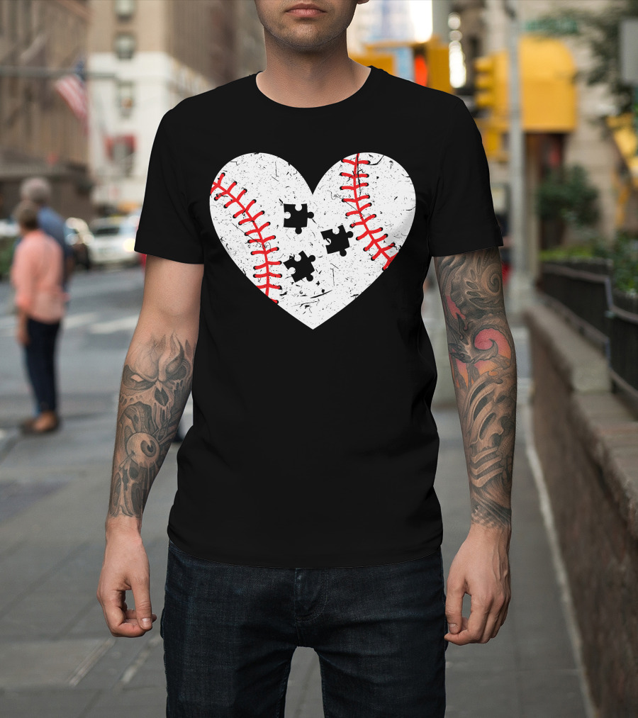 Baseball Heart Autism Puzzle Love T-Shirt