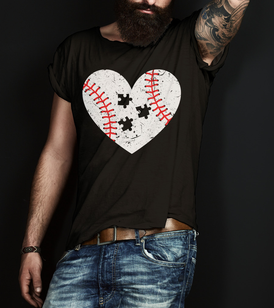 Baseball Heart Autism Puzzle Love T-Shirt