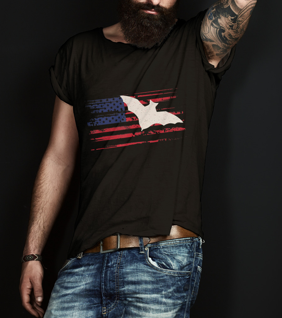 Bat Silhouette US American Flag Stripes And Stars T-Shirt