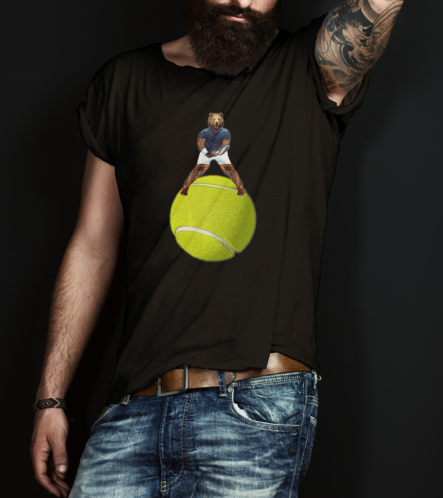 Bear Balancing On Tennis Ball By Behrbone Mens T-Shirt