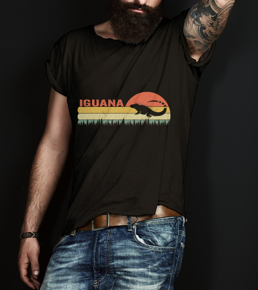 Iguana Silhouette Retro Sunset Forest Stripes T-Shirt